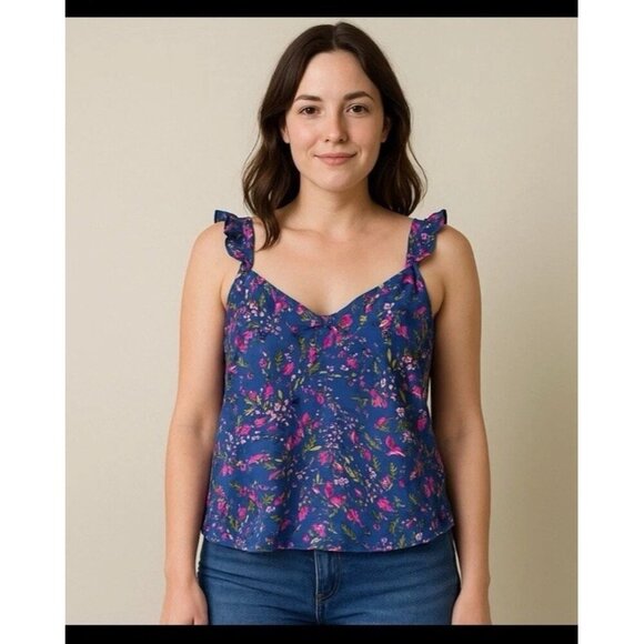 French Connection Tank Top Women's Pier Blue MultiBreya Eltan Ruffle Size XL NWT - Picture 1 of 7